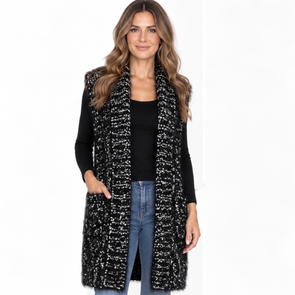 Chico's Vest Size 2 Black White Eyelash Knit Longline Open Front Pockets Boho